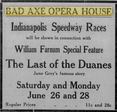 Bad Axe Opera House - 25 Jun 1920 Ad